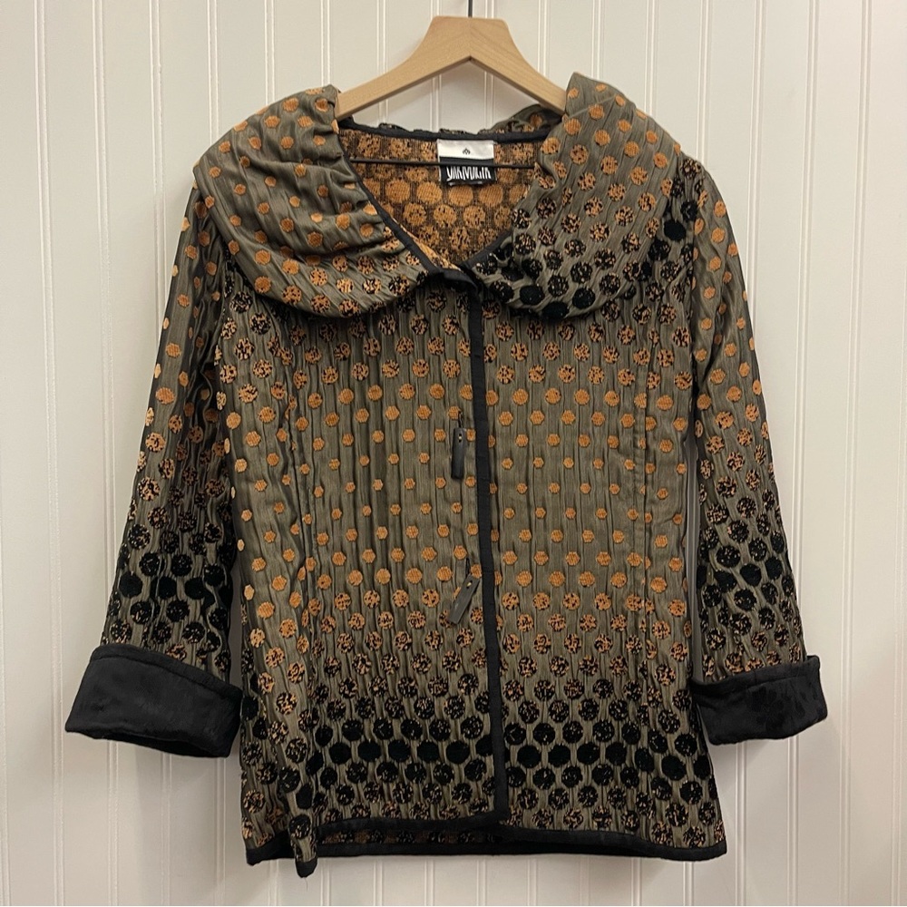 Yak Magik Tan & Black Brocade Circle Pattern on Pewter Satin Wide Collar Jacket